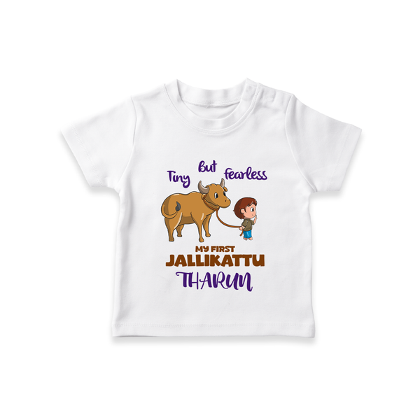 "My First Jallikattu Celebration - Adorable Customized T-Shirt for Kids with Name" - WHITE - 0-5 Months Old (Chest 17")