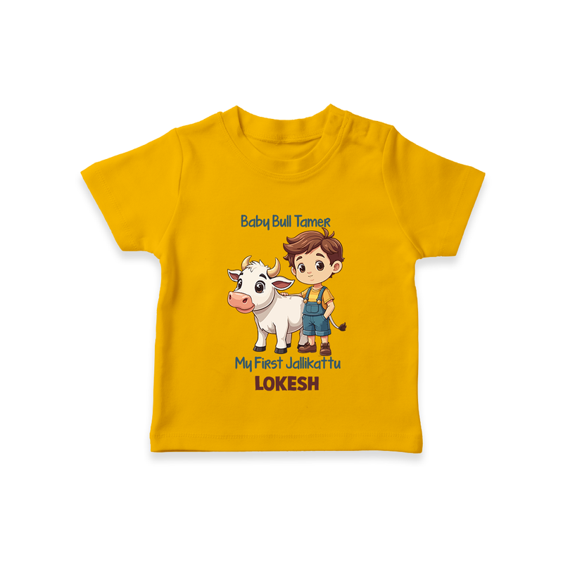 "My First Jallikattu - Tradition and Style in a Customized T-Shirt for Kids with Name" - CHROME YELLOW - 0-5 Months Old (Chest 17")