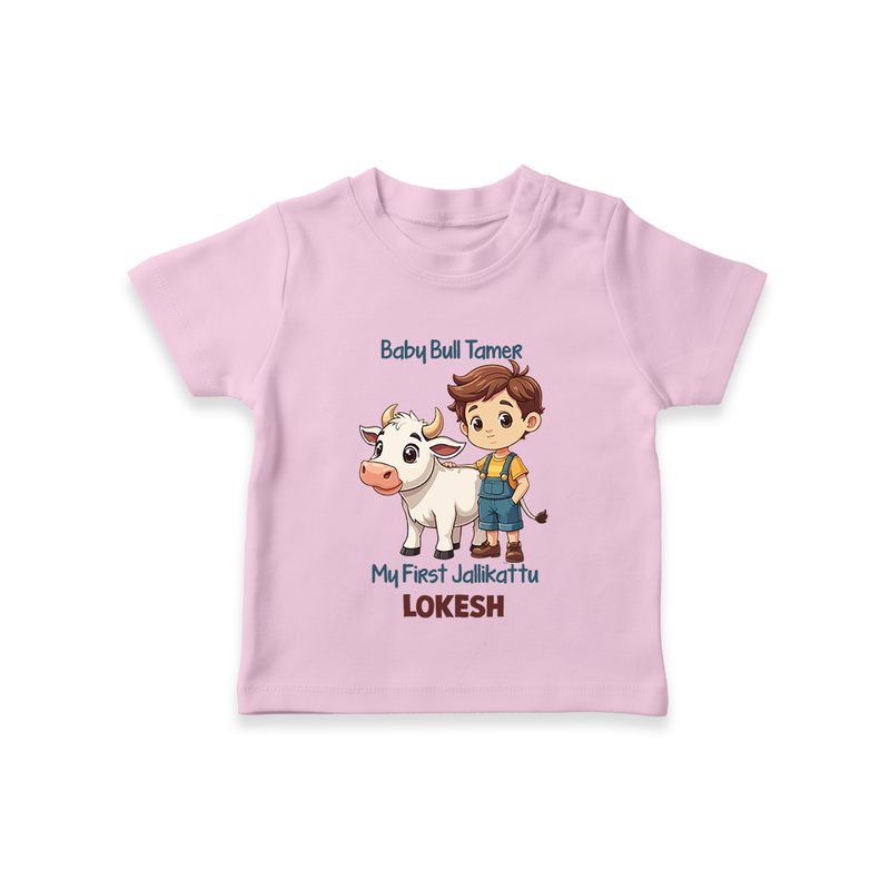 "My First Jallikattu - Tradition and Style in a Customized T-Shirt for Kids with Name" - PINK - 0-5 Months Old (Chest 17")