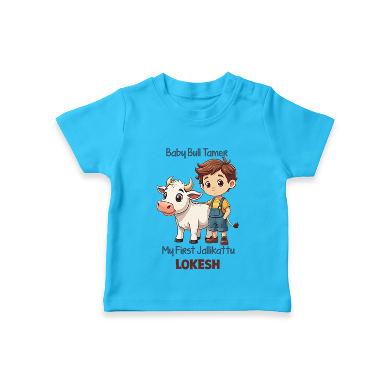 "My First Jallikattu - Tradition and Style in a Customized T-Shirt for Kids with Name" - SKY BLUE - 0-5 Months Old (Chest 17")