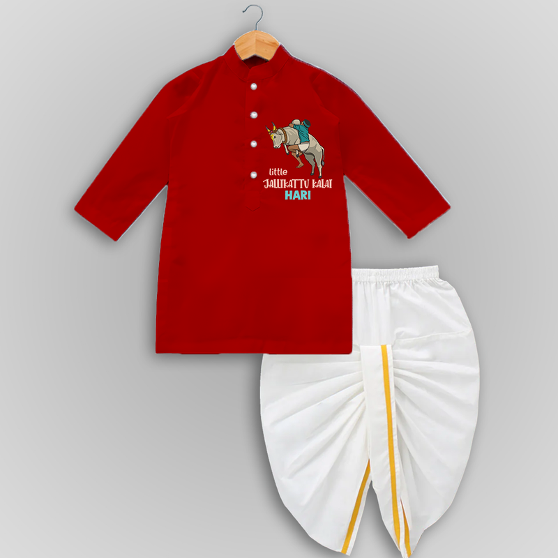 "Little Jallikattu kalai - Customized Drapped Dhoti for Kids with Name" - RED - 0 - 6 Month Old (Chest 24", Kurta Length 14" , Waist 19", Dhoti Length 14")