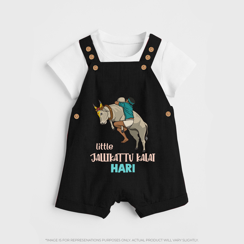 "Little Jallikattu kalai - Customized Dungaree Set for Kids with Name" - BLACK - 0 - 5 Months Old (Chest 18")