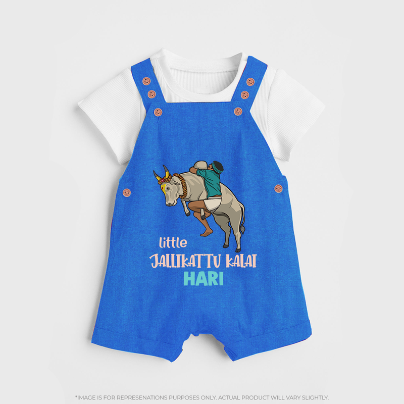 "Little Jallikattu kalai - Customized Dungaree Set for Kids with Name" - COBALT BLUE - 0 - 5 Months Old (Chest 18")