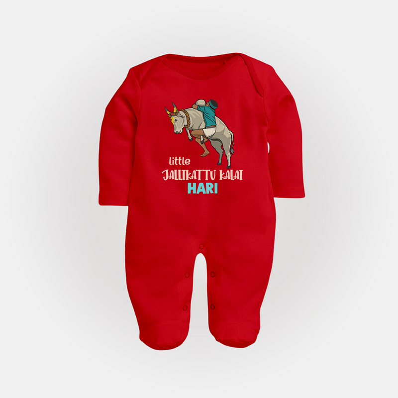 "Little Jallikattu kalai - Customized Sleep Suit for Babies with Name" - RED - New Born (Chest 7.5")