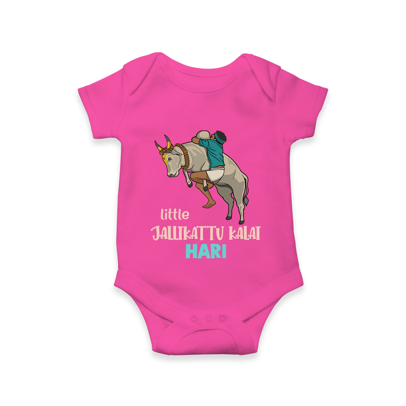 "Little Jallikattu kalai - Customized Romper for Babies with Name" - HOT PINK - 0 - 3 Months Old (Chest 16")