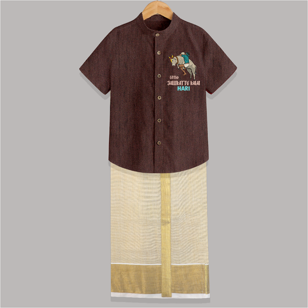 "Little Jallikattu kalai - Customized Shirt And Dhoti for Kids with Name" - COFFEE BROWN - 0 - 6 Months Old (Chest-23") (Dhoti length-14")