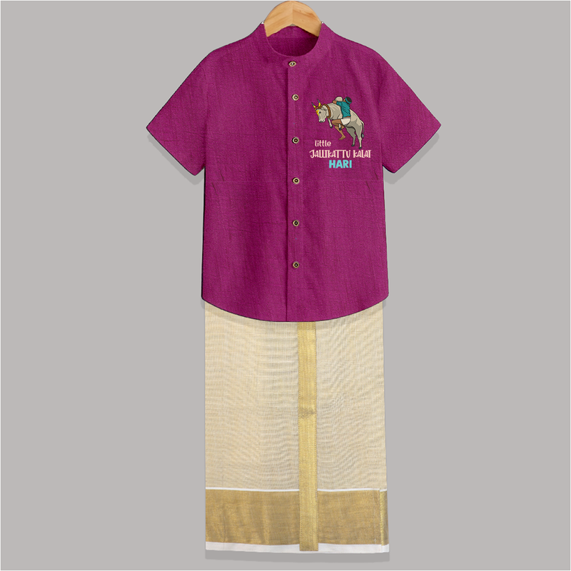 "Little Jallikattu kalai - Customized Shirt And Dhoti for Kids with Name" - MAGENTA - 0 - 6 Months Old (Chest-23") (Dhoti length-14")