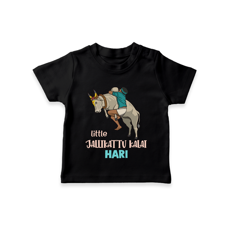 "Little Jallikattu kalai - Customized T-Shirt for Babies with Name" - BLACK - 0-5 Months Old (Chest 17")