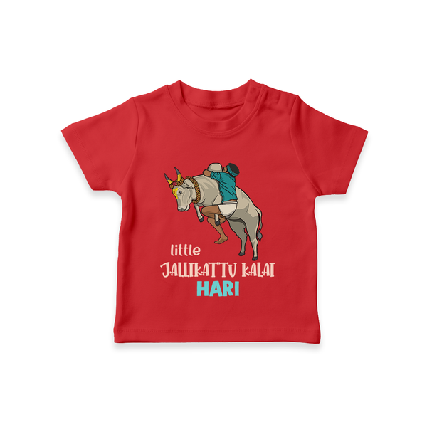 Little Jallikattu Kalai Kids T-Shirt – Custom Name Editio - RED - 0-5 Months Old (Chest 17")