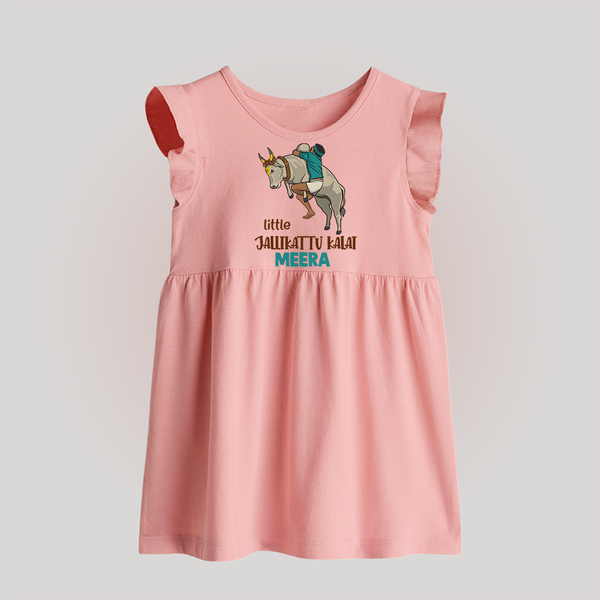 "Little Jallikattu kalai - Customized Baby Frock for Babies with Name" - BABY PINK - 0 - 3 Months Old (Chest 17")