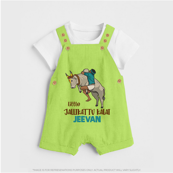 "Little Jallikattu kalai - Customized Dungaree Set for Kids with Name" - GREEN - 0 - 5 Months Old (Chest 18")