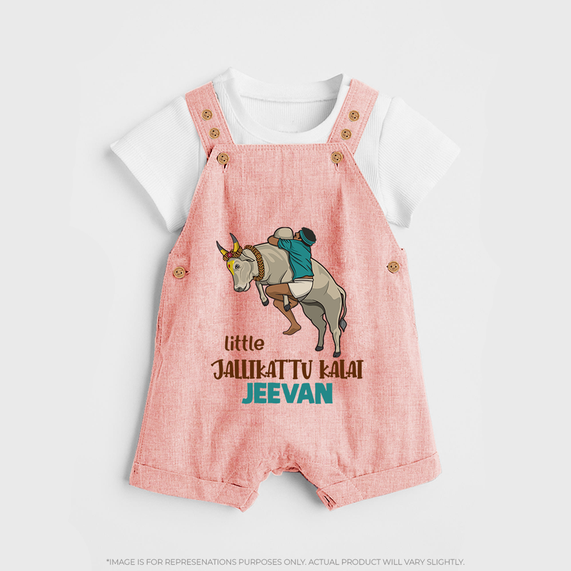 "Little Jallikattu kalai - Customized Dungaree Set for Kids with Name" - PEACH - 0 - 5 Months Old (Chest 18")