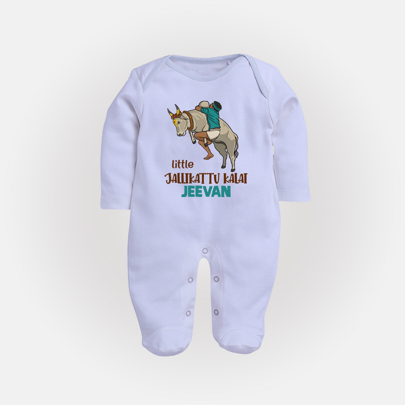 "Little Jallikattu kalai - Customized Sleep Suit for Babies with Name" - BABY BLUE - New Born (Chest 7.5")