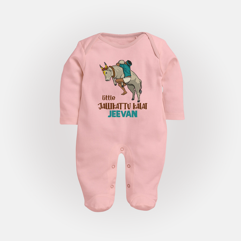 "Little Jallikattu kalai - Customized Sleep Suit for Babies with Name" - BABY PINK - New Born (Chest 7.5")