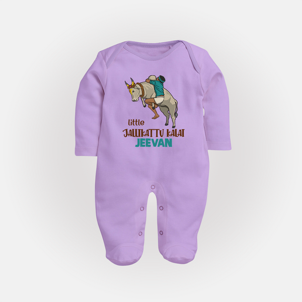 "Little Jallikattu kalai - Customized Sleep Suit for Babies with Name" - LILAC - New Born (Chest 7.5")