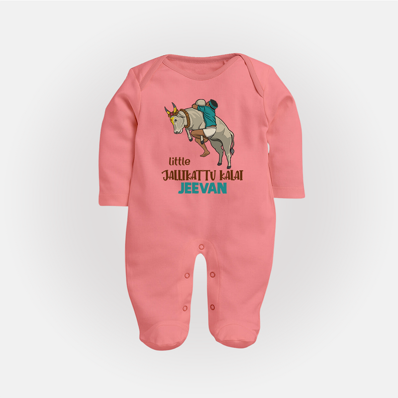 "Little Jallikattu kalai - Customized Sleep Suit for Babies with Name" - PEACH - New Born (Chest 7.5")