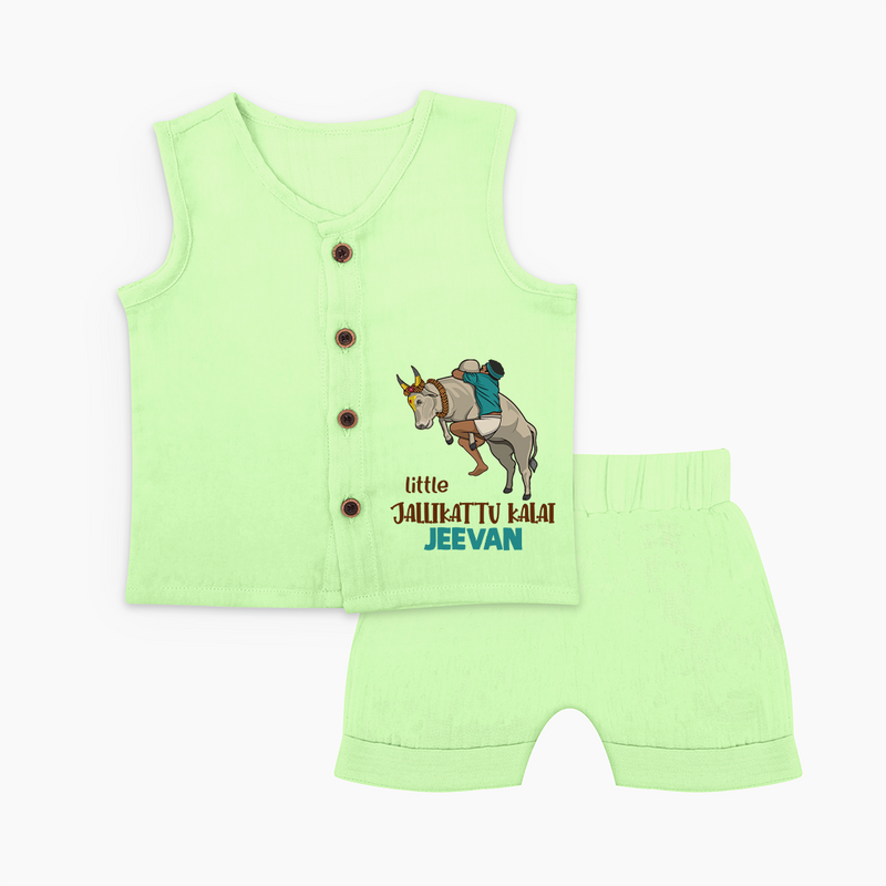 "Little Jallikattu kalai - Customized Jabla Set for Babies with Name" - PASTEL GREEN - 0 - 3 Months Old (Chest 9.8")