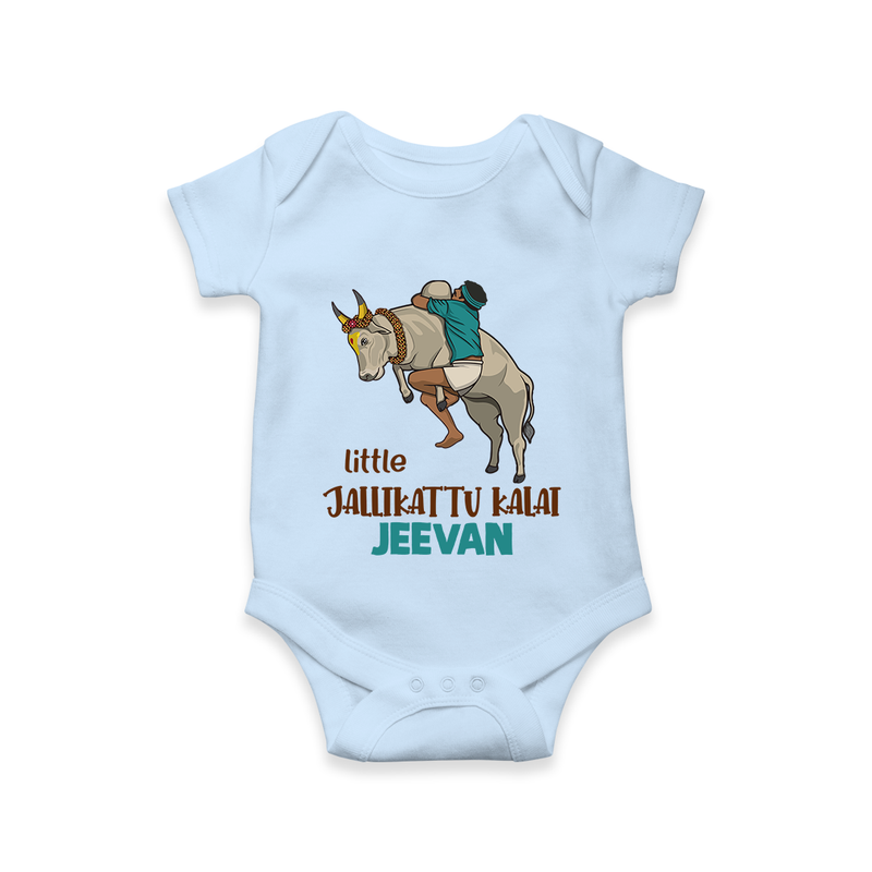 "Little Jallikattu kalai - Customized Romper for Babies with Name" - BABY BLUE - 0 - 3 Months Old (Chest 16")