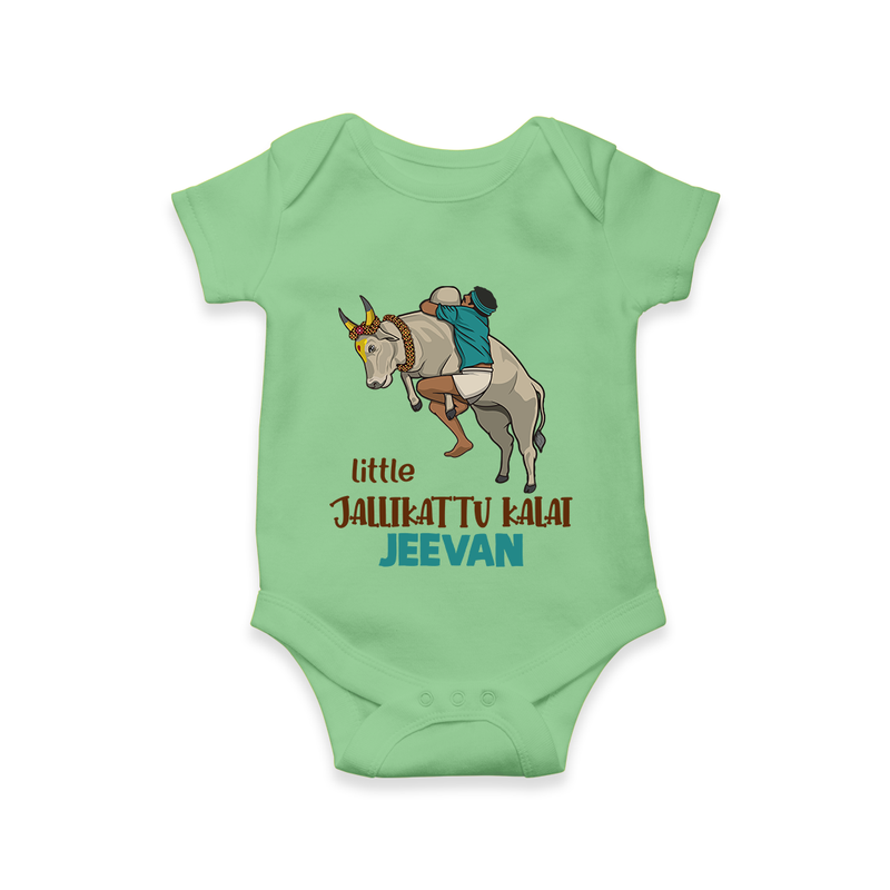 "Little Jallikattu kalai - Customized Romper for Babies with Name" - GREEN - 0 - 3 Months Old (Chest 16")