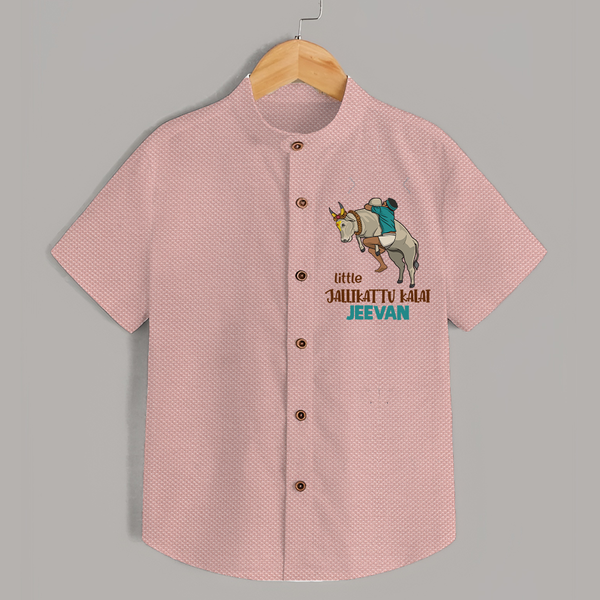 "Little Jallikattu kalai - Customized Shirt for Kids with Name" - PEACH - 0 - 6 Months Old (Chest 23")