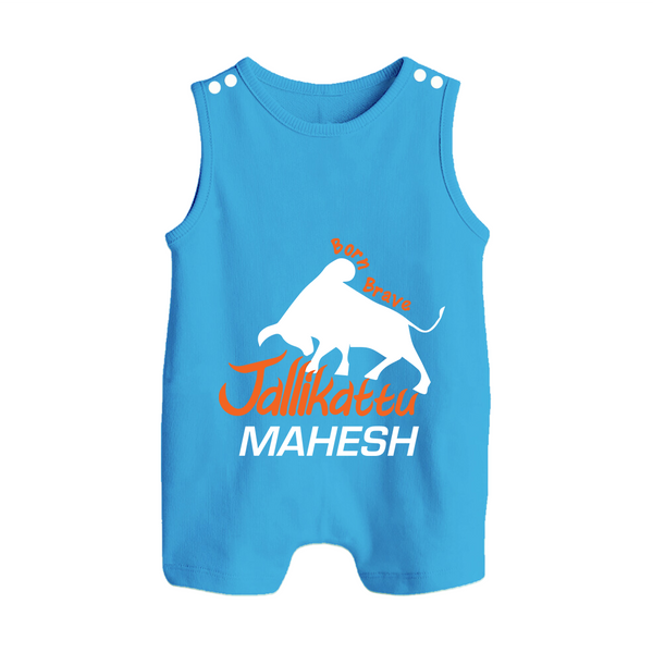 "Born Brave - Jallikattu Themed Customized Romper Suit for Babies with Name" - ROYAL BLUE - 0 - 5 Months Old (Chest 18")