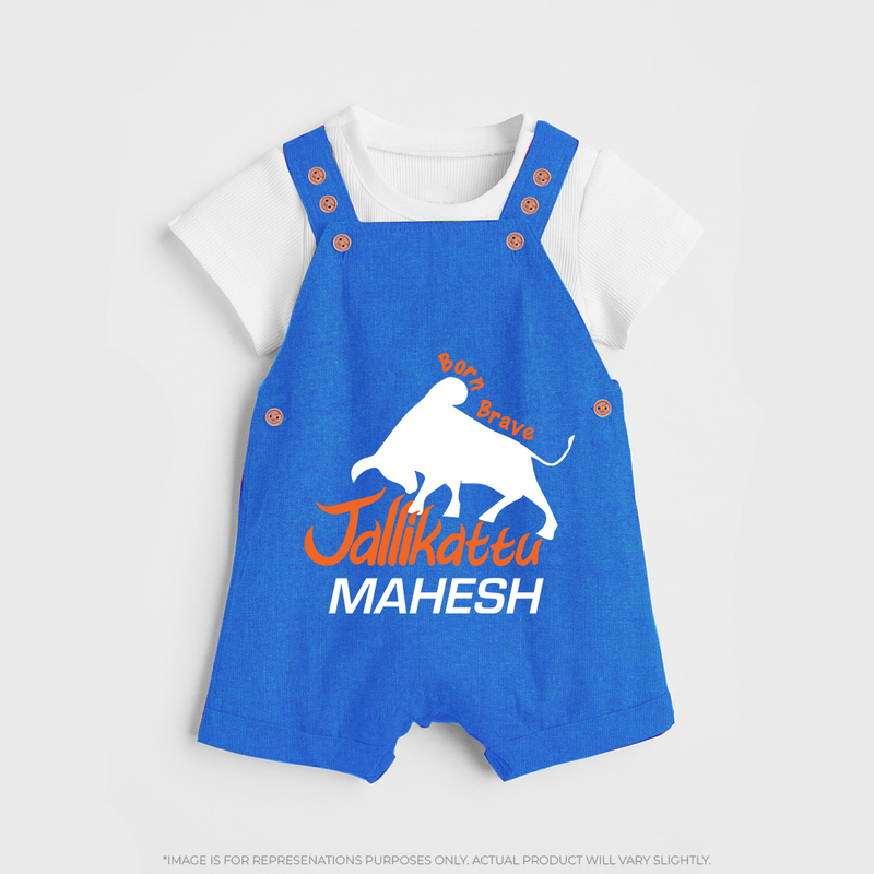 "Born Brave - Jallikattu Themed Customized Dungaree Set for Kids with Name" - COBALT BLUE - 0 - 5 Months Old (Chest 18")