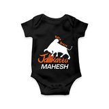 "Born Brave - Jallikattu Themed Customized Romper for Babies with Name" - BLACK - 0 - 3 Months Old (Chest 16")