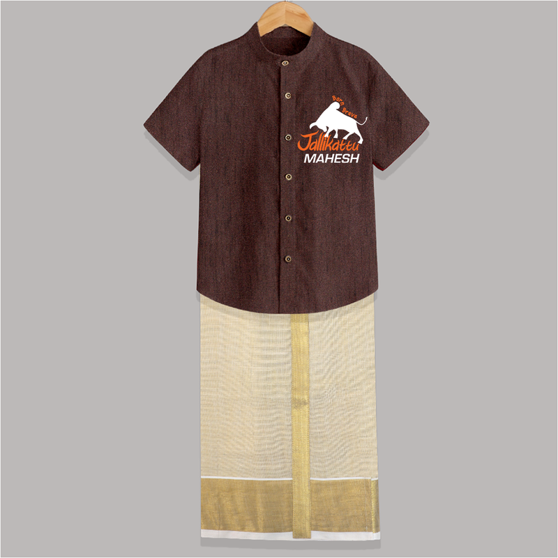 "Born Brave - Jallikattu Themed Customized Shirt And Dhoti for Kids with Name" - COFFEE BROWN - 0 - 6 Months Old (Chest-23") (Dhoti length-14")