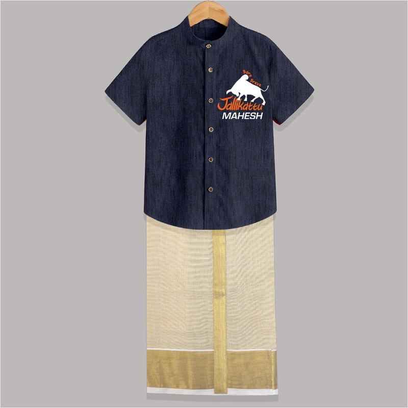 "Born Brave - Jallikattu Themed Customized Shirt And Dhoti for Kids with Name" - DARK BLUE - 0 - 6 Months Old (Chest-23") (Dhoti length-14")