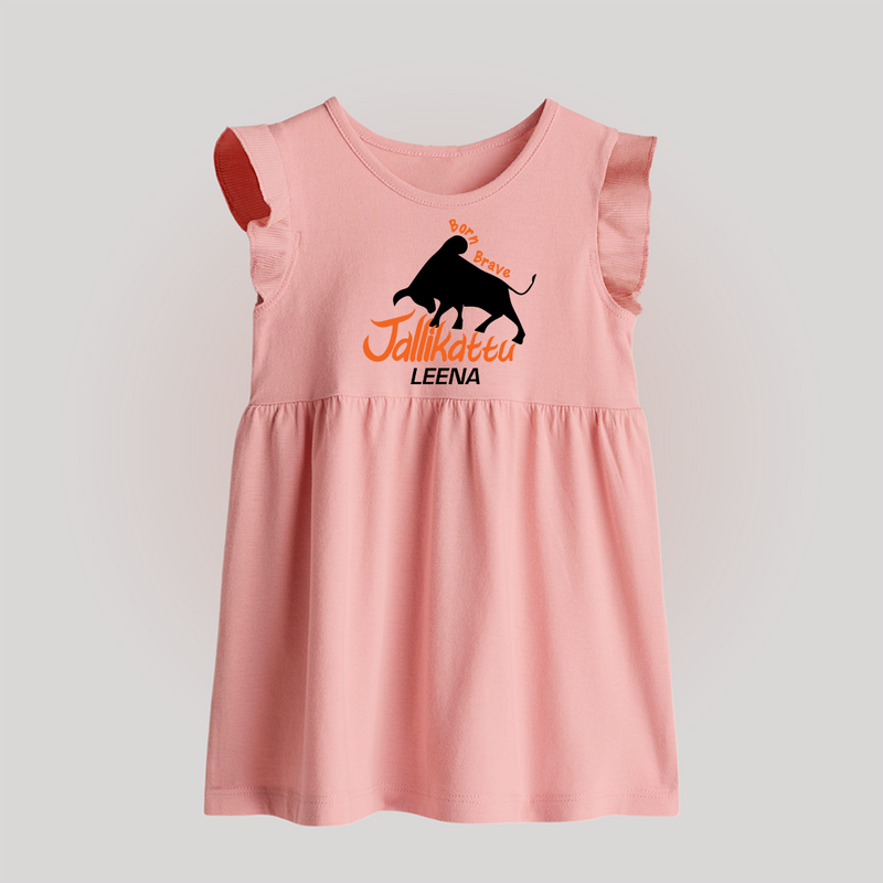 "Born Brave - Jallikattu Themed Customized Baby Frock for Babies with Name" - BABY PINK - 0 - 3 Months Old (Chest 17")