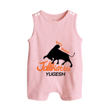 "Born Brave - Jallikattu Themed Customized Romper Suit for Babies with Name" - BABY PINK - 0 - 5 Months Old (Chest 18")