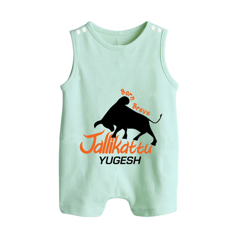 "Born Brave - Jallikattu Themed Customized Romper Suit for Babies with Name" - MINT GREEN - 0 - 5 Months Old (Chest 18")