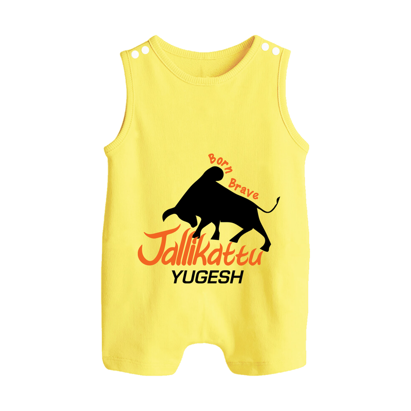 "Born Brave - Jallikattu Themed Customized Romper Suit for Babies with Name" - PASTEL YELLOW - 0 - 5 Months Old (Chest 18")