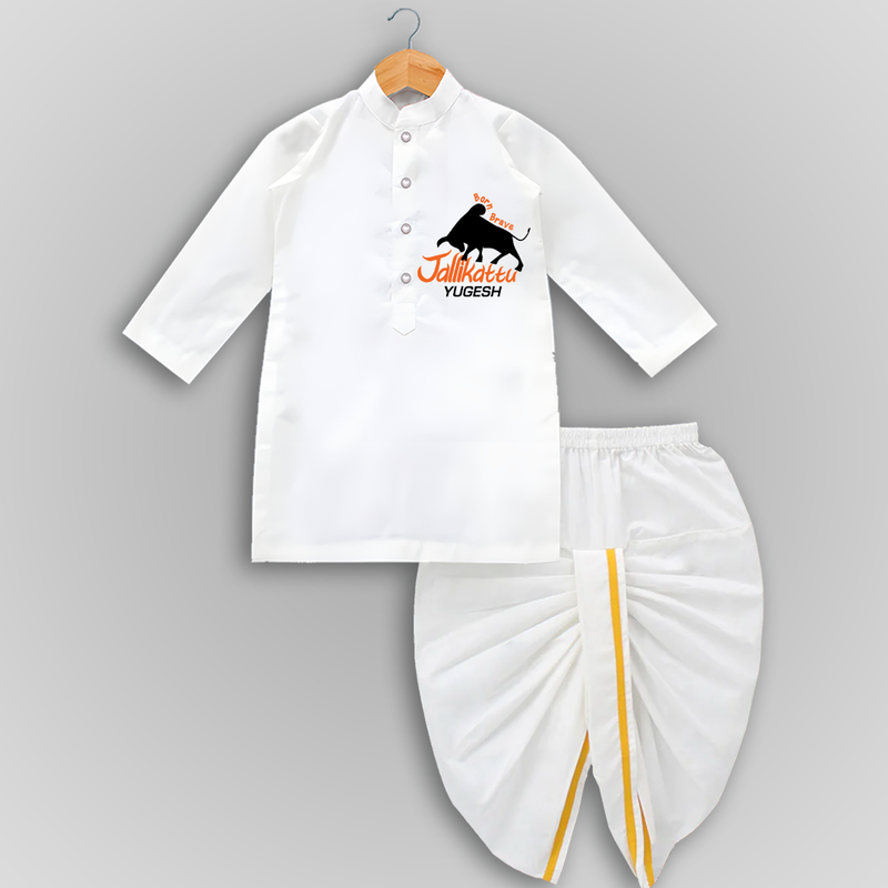 "Born Brave - Jallikattu Themed Customized Drapped Dhoti for Kids with Name" - WHITE - 0 - 6 Month Old (Chest 24", Kurta Length 14" , Waist 19", Dhoti Length 14")