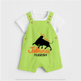 "Born Brave - Jallikattu Themed Customized Dungaree Set for Kids with Name" - GREEN - 0 - 5 Months Old (Chest 18")