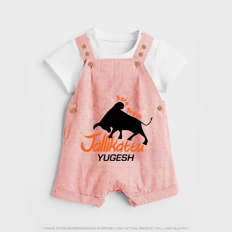 "Born Brave - Jallikattu Themed Customized Dungaree Set for Kids with Name" - PEACH - 0 - 5 Months Old (Chest 18")