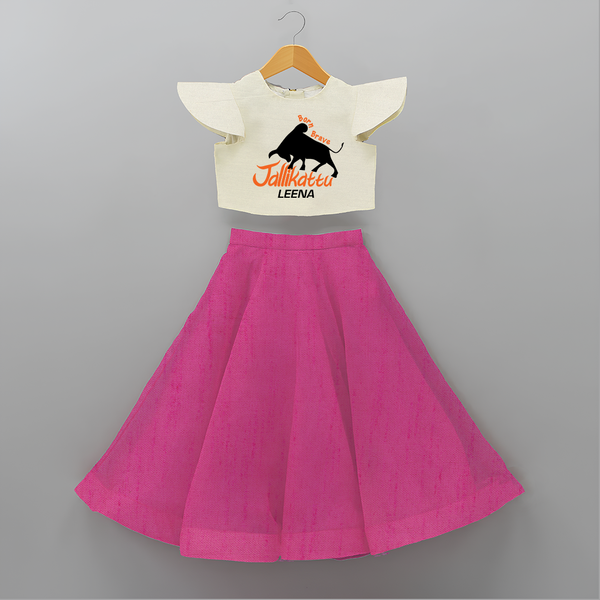 "Born Brave - Jallikattu Themed Customized Crop Top And Skirt for Kids with Name" - FUSCHIA - 6 - 9 Months Old (Chest 20" , Frock Waist 20")