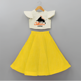 "Born Brave - Jallikattu Themed Customized Crop Top And Skirt for Kids with Name" - YELLOW - 6 - 9 Months Old (Chest 20" , Frock Waist 20")