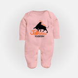 "Born Brave - Jallikattu Themed Customized Sleep Suit for Babies with Name" - BABY PINK - New Born (Chest 7.5")