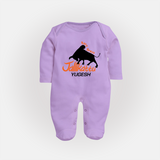 "Born Brave - Jallikattu Themed Customized Sleep Suit for Babies with Name" - LILAC - New Born (Chest 7.5")