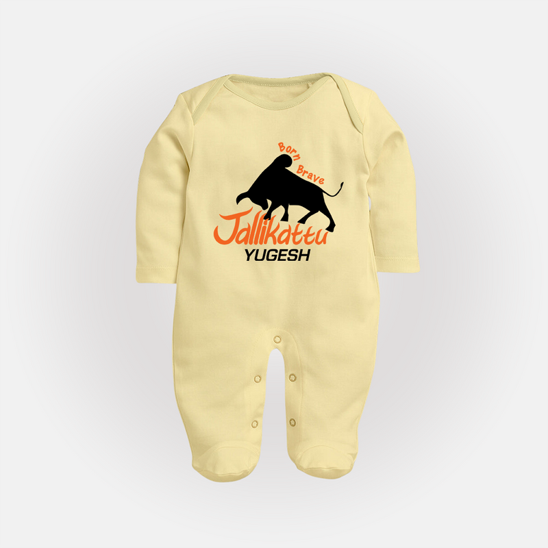 "Born Brave - Jallikattu Themed Customized Sleep Suit for Babies with Name" - PASTEL YELLOW - New Born (Chest 7.5")