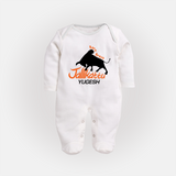 "Born Brave - Jallikattu Themed Customized Sleep Suit for Babies with Name" - WHITE - New Born (Chest 7.5")