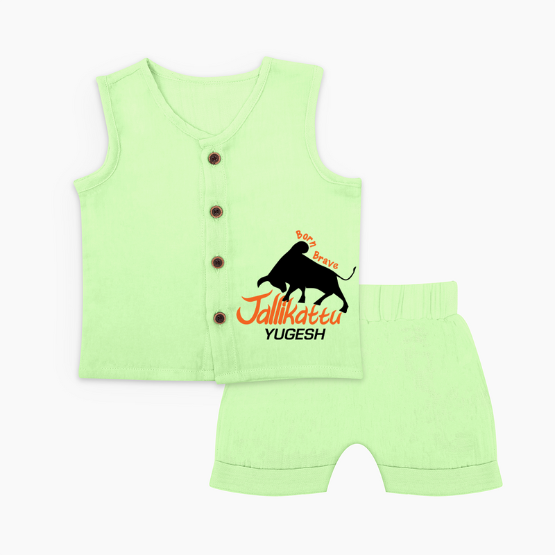 "Born Brave - Jallikattu Themed Customized Jabla Set for Babies with Name" - PASTEL GREEN - 0 - 3 Months Old (Chest 9.8")