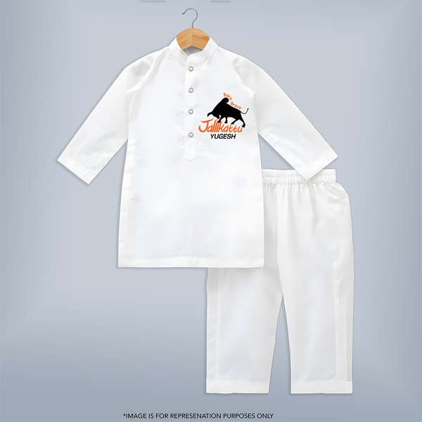 "Born Brave - Jallikattu Themed Customized Kurta Set for Kids with Name" - WHITE - 3 - 6 Months Old (Chest 24", Kurta Length 14'', Waist 19", Pant Length 14")