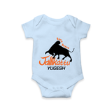 "Born Brave - Jallikattu Themed Customized Romper for Babies with Name" - BABY BLUE - 0 - 3 Months Old (Chest 16")