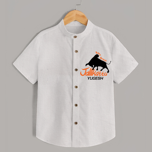 "Born Brave - Jallikattu Themed Customized Shirt for Kids with Name" - WHITE - 0 - 6 Months Old (Chest 23")