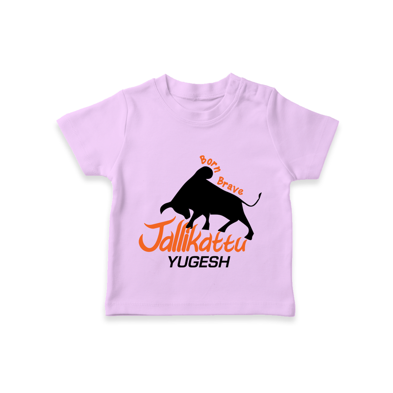 "Born Brave - Jallikattu Themed Customized T-Shirt for Babies with Name" - LILAC - 0-5 Months Old (Chest 17")