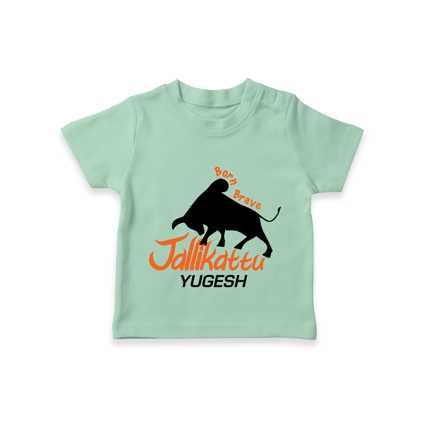Born Brave Jallikattu Kids T-Shirt – Personalized Name Print - MINT GREEN - 0-5 Months Old (Chest 17")