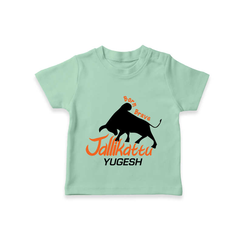 "Born Brave - Jallikattu Themed Customized T-Shirt for Babies with Name" - MINT GREEN - 0-5 Months Old (Chest 17")