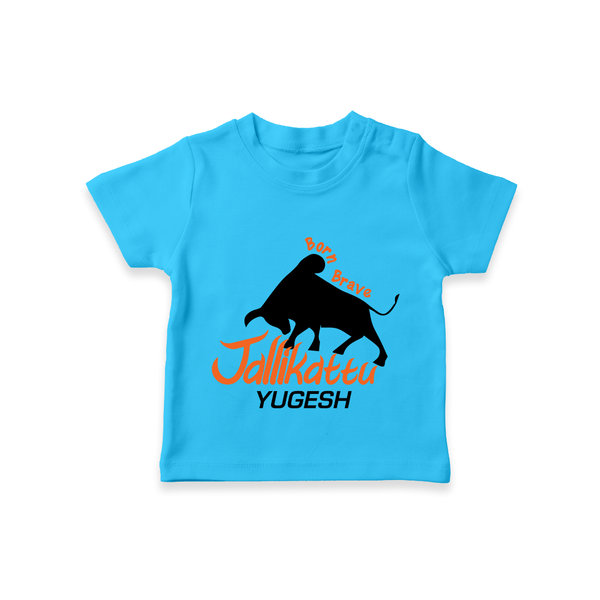 Born Brave Jallikattu Kids T-Shirt – Personalized Name Print - SKY BLUE - 0-5 Months Old (Chest 17")